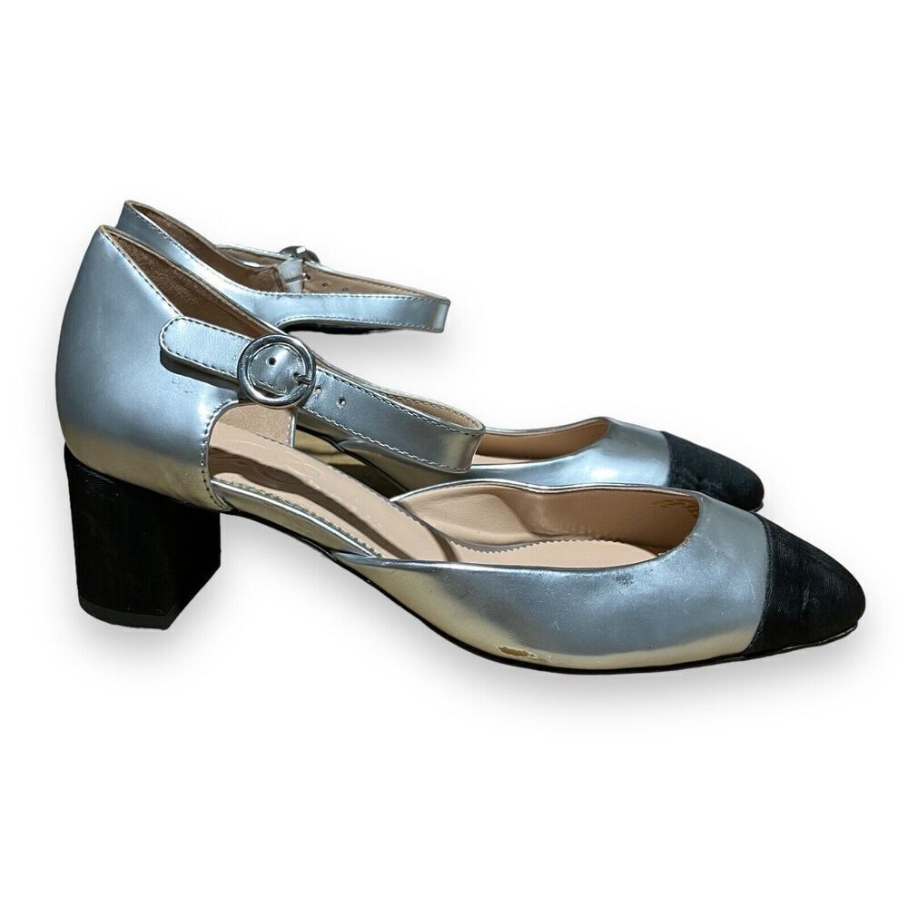J.Crew Shoes Women’s 9 Silver Metallic Heels with‎ Patent Cap Toe